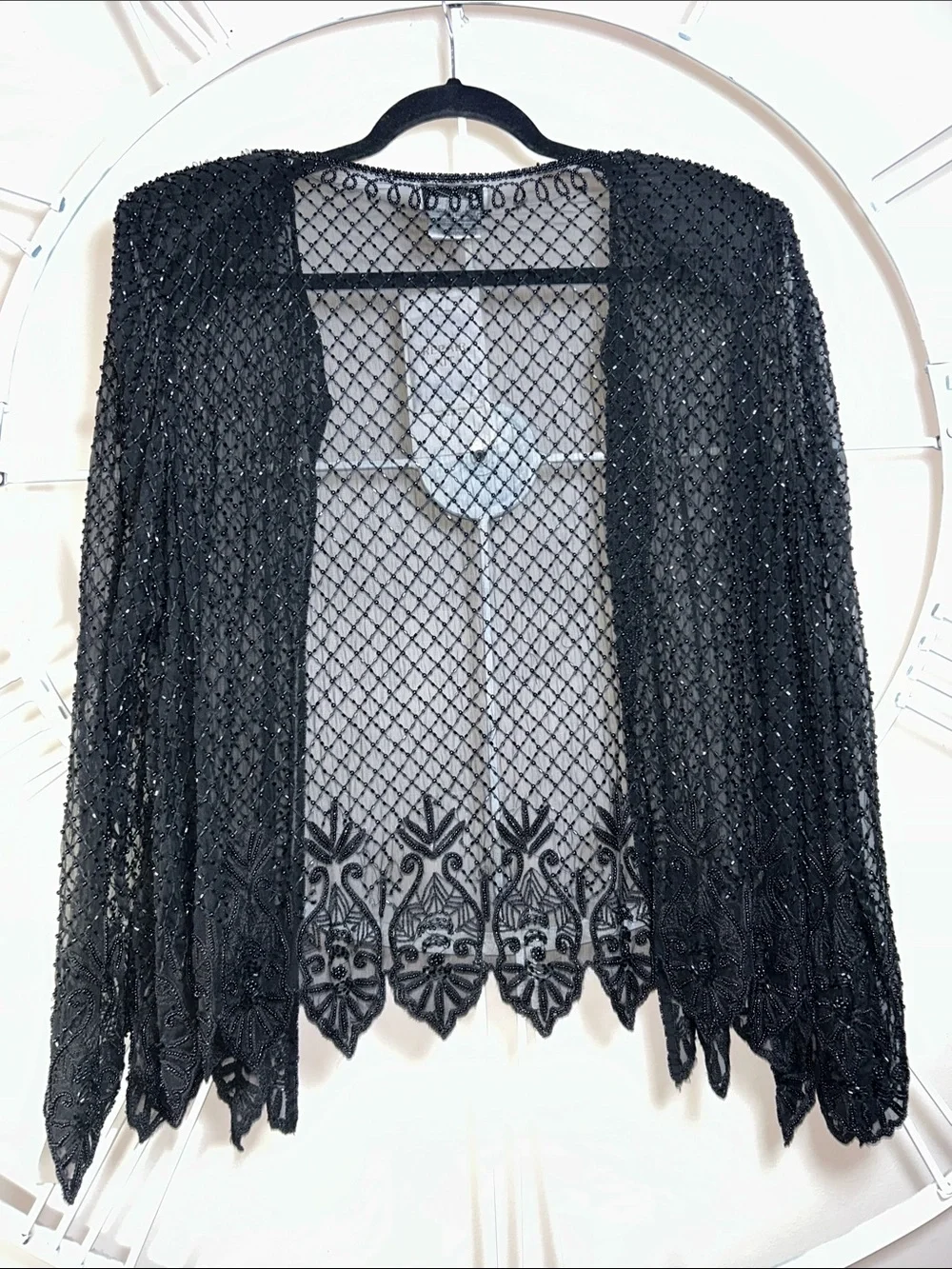 Vintage Stenay 100% Silk Black Beaded Sheer Open-Front Cardigan Duster Jacket